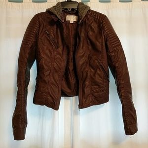 Brown leather jacket removable hood